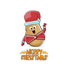 vector rock star Santa Claus potato funny cartoon cute character with red Santa hat and calligraphic merry Christmas text isolated on white background. Rock n roll funky Christmas party banner