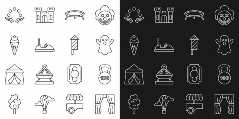 Set line Circus curtain raises, Weight, Ghost, Jumping trampoline, Bumper car, Ice cream waffle cone, Juggling ball and Firework rocket icon. Vector