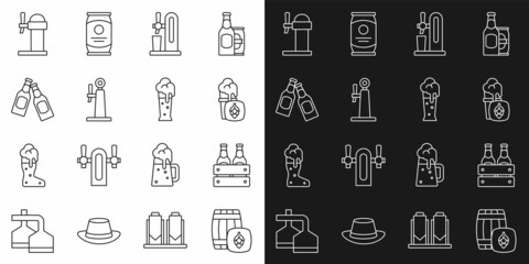 Set line Wooden barrel, Pack of beer bottles, Glass, Beer tap with glass, Dispenser and icon. Vector