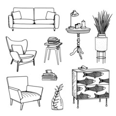Doodle furniture. Vector set of the living room furniture. Hand-drawn style