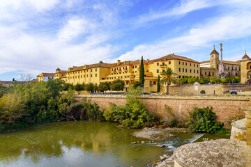 Fototapeta premium Roman bridge crossing the Guadalquivir river and medieval Cordoba buildings.