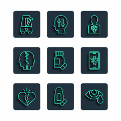 Set line Broken heart or divorce, Sedative pills, Tear cry eye, Psychology, Psi, Bipolar disorder, Metronome with pendulum and Psychologist online icon. Vector