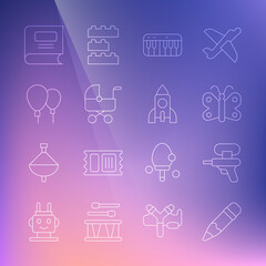 Set line Pencil with eraser, Water gun, Butterfly, Music synthesizer, Baby stroller, Balloons, Book and Rocket ship toy icon. Vector