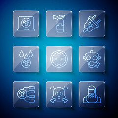 Set line Radioactive, Bones and skull warning, Nuclear reactor worker, Radiation electrical plug, Electrical outlet, Acid rain radioactive cloud, laptop and Gas mask icon. Vector