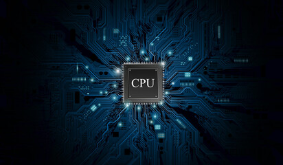  CPU Chip on Motherboard. Central Computer Processors CPU concept. Quantum computer, large data processing, database concept. Futuristic microchip processor. Digital chip.