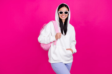 Photo of positive cheerful cute student lady prepare college wear rucksack white sweatshirt...
