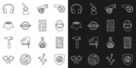 Set line Wooden logs, Closed door, Lumberjack, Hand saw and, Electric circular, Tree stump, Headphones and beam icon. Vector