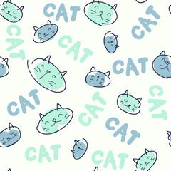 Doodle seamless pattern of kitten faces and text CAT. Perfect for T-shirt, textile and print. Hand drawn vector illustration for decor and design.
