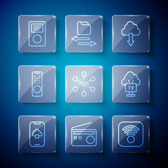 Set line Cloud technology data, Radio, Wi-Fi wireless internet, download, Network, Remote control, Music player and Smart Tv icon. Vector