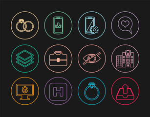 Set line Upload inbox, Dental clinic, Setting on smartphone, Toolbox, Layers, Wedding rings, Invisible or hide and Smartphone with download icon. Vector