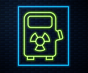 Glowing neon line Electric car charging station icon isolated on brick wall background. Eco electric fuel pump sign. Vector