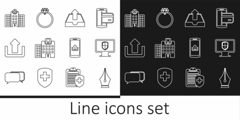 Set line Fountain pen nib, Monitor and shield, Upload inbox, Dental clinic, Medical hospital building, Smartphone with upload and Diamond engagement ring icon. Vector