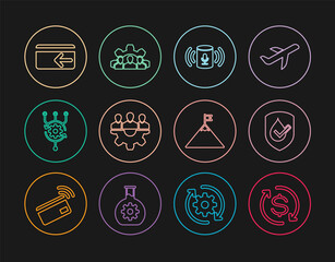 Set line Return of investment, Waterproof, Voice assistant, Project team base, Algorithm, Cash back, Mountains and flag and icon. Vector