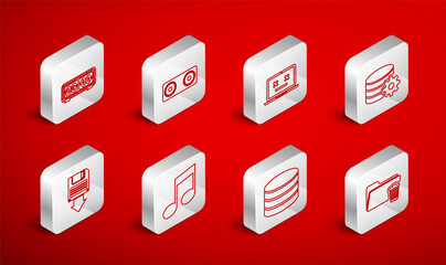 Set line Delete folder, Stereo speaker, Dead laptop, Setting database server, Database, Retro flip clock, Music note, tone and Floppy disk backup icon. Vector