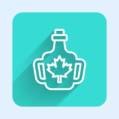 White line Bottle of maple syrup icon isolated with long shadow background. Green square button. Vector