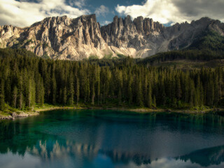 Iconic alpine lake surrounded by mountains