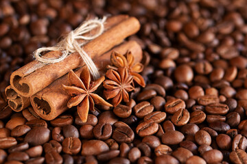 Obraz na płótnie Canvas coffee beans, cinnamon, star anise. background, texture