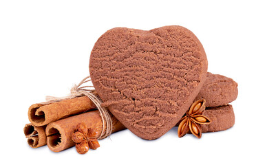 heart shaped chocolate chip cookies, cinnamon and star anise isolated on white background