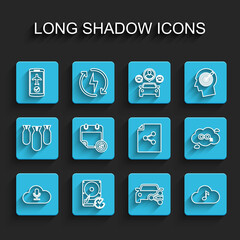 Set line Music streaming service, Hard disk drive with clockwise, Flight mode the mobile, Car sharing, Financial calendar, CO2 emissions cloud and Share file icon. Vector