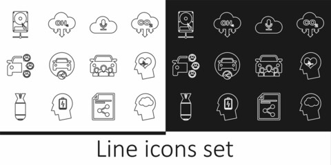 Set line Head silhouette with cloud, heartbeat, Music streaming service, Car sharing, Hard disk drive on network, and Methane emissions reduction icon. Vector
