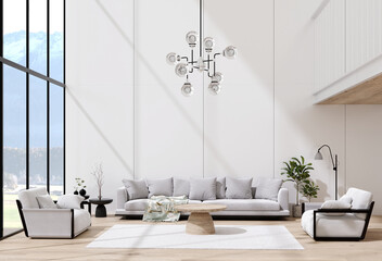 luxury modern white apartment with grey sofa and plant. 3d render