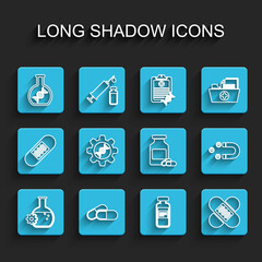 Set line Bioengineering, Medicine pill or tablet, DNA research, search, Medical vial, ampoule, Crossed bandage plaster, Genetic, Customer attracting and bottle pills icon. Vector