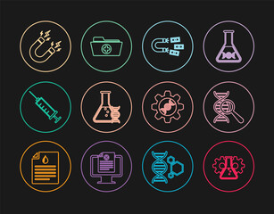 Set line Bioengineering, DNA research, search, Magnet with money, Syringe, lightning, Genetic and Health record folder icon. Vector