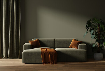 Modern dark green home interior with brown couch and plant, 3d render