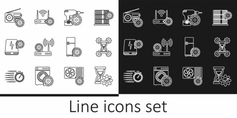 Set line Hourglass setting, Drill machine, Router and wi-fi, Power bank, Radio, Refrigerator and icon. Vector