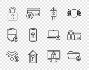 Set line Wifi locked, Folder and, Retro wall watch, Lock, Smartphone with, monitor and Credit card icon. Vector