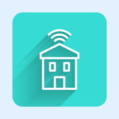 White line Smart home with wi-fi icon isolated with long shadow background. Remote control. Green square button. Vector