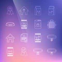 Set line Collar, with name tag, Pet carry case, Bag of food for dog, cat, bowl, award symbol and Canned icon. Vector