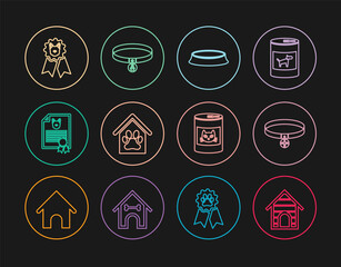 Set line Dog house, Collar with name tag, Pet food bowl, and paw print pet, Certificate for dog or cat, award symbol, Canned and icon. Vector