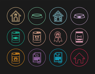 Set line Dog house, Bag of food for pet, Canned dog, cat, and paw print, Pet award symbol and bowl icon. Vector