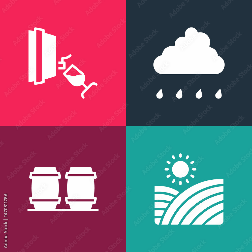 Poster Set pop art Vineyard wine grapes, Wooden barrel for, Cloud with rain and Wine tasting, degustation icon. Vector