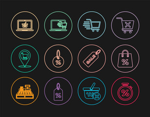 Fototapeta premium Set line Stopwatch and percent, Shopping bag with, cart, Discount tag, Location shopping, basket laptop, Price Sale and icon. Vector