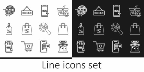 Set line Market store, Handbag, Mobile shopping cart, Shopping with percent, Discount tag, globe, Magnifying glass and Hanging sign Open door icon. Vector