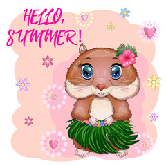 Cute hamster dancer hula, hawaii, summer concept, hamster cartoon characters, funny animal character