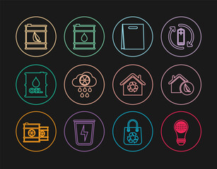 Set line Light bulb with world globe, Eco friendly house, Shopping bag, Acid rain and radioactive cloud, Oil barrel, Bio fuel, House recycling and icon. Vector