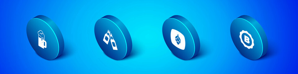 Set Isometric Wooden beer mug, Hop, Bottle cap with and Beer bottle icon. Vector