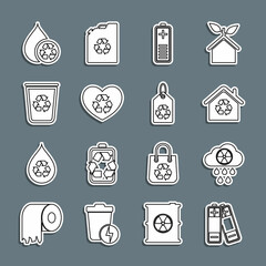 Set line Battery, Acid rain and radioactive cloud, Eco House with recycling, charge level indicator, friendly heart, Recycle bin recycle, clean aqua and Tag icon. Vector