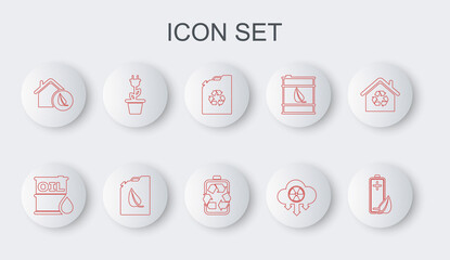 Set line Eco nature leaf and battery, Oil barrel, fuel canister, Acid rain radioactive cloud, friendly house, Electric saving plug pot, Bio and Battery with recycle icon. Vector
