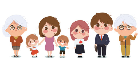 Group of cute cartoon family young and elder age people character.