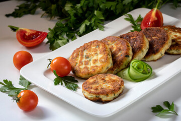 Salted cheese pancakes with garlic, herbs, in sour cream sauce.