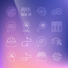 Set line Bacteria, Car service, Office folders, Headphones with speech bubble chat, Location, Speech, Stop virus, bacteria and Microorganisms under magnifier icon. Vector