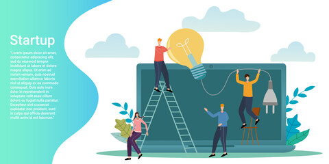 Startup.People on the background of a laptop and an electric lamp are engaged in the development of new projects.Brainstorming and teamwork.Poster in business style.Flat vector illustration.