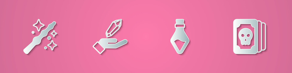 Set paper cut Magic wand, stone, Bottle with potion and Tarot cards icon. Paper art style. Vector