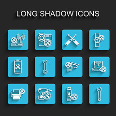 Set line Printer service, Drill machine, Router wi-fi, USB flash drive, Wrench, with and Security camera icon. Vector