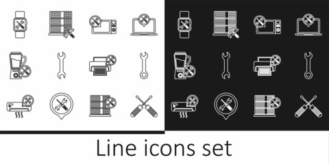 Set line Crossed screwdrivers, Wrench, Microwave oven service, Blender, Smartwatch, Printer and Database server icon. Vector