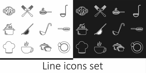 Set line Washing dishes, Frying pan, Kitchen colander, Cooking pot, soup, ladle and Crossed fork icon. Vector